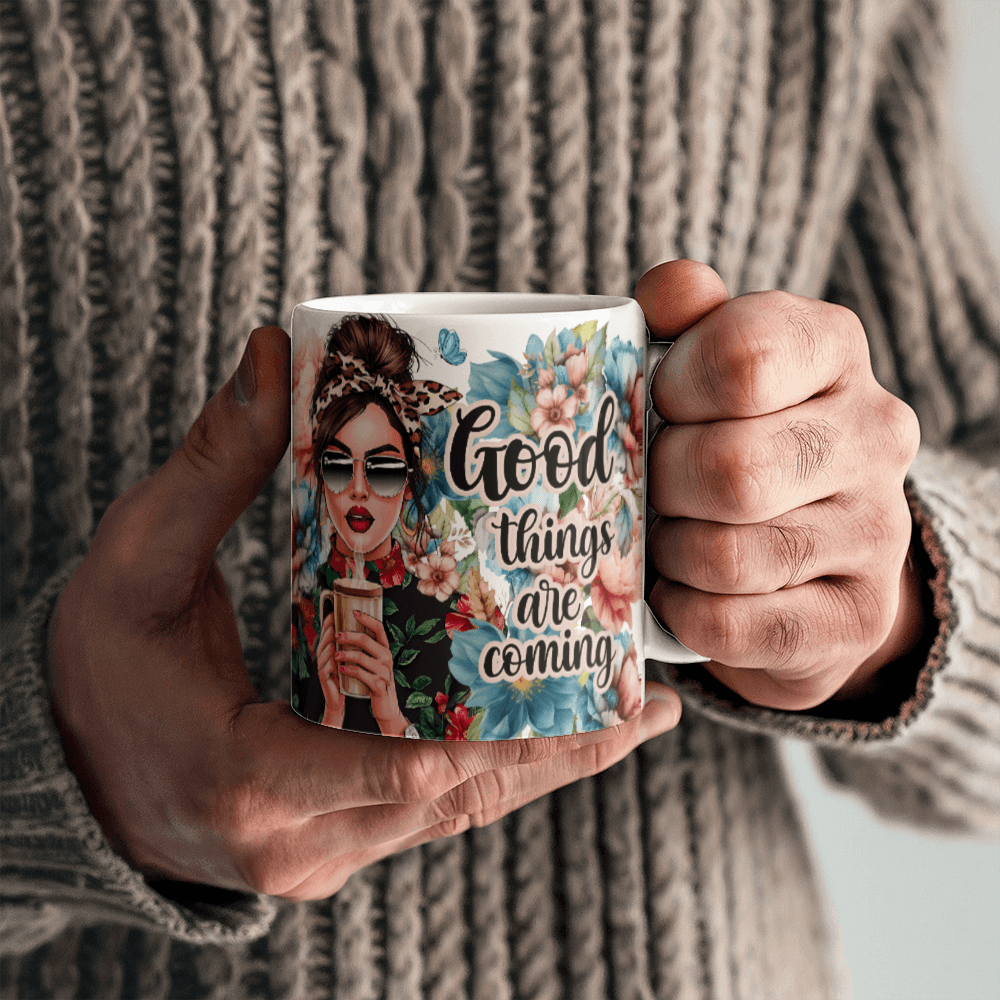 11 oz White Ceramic Mug Good Things Are Coming