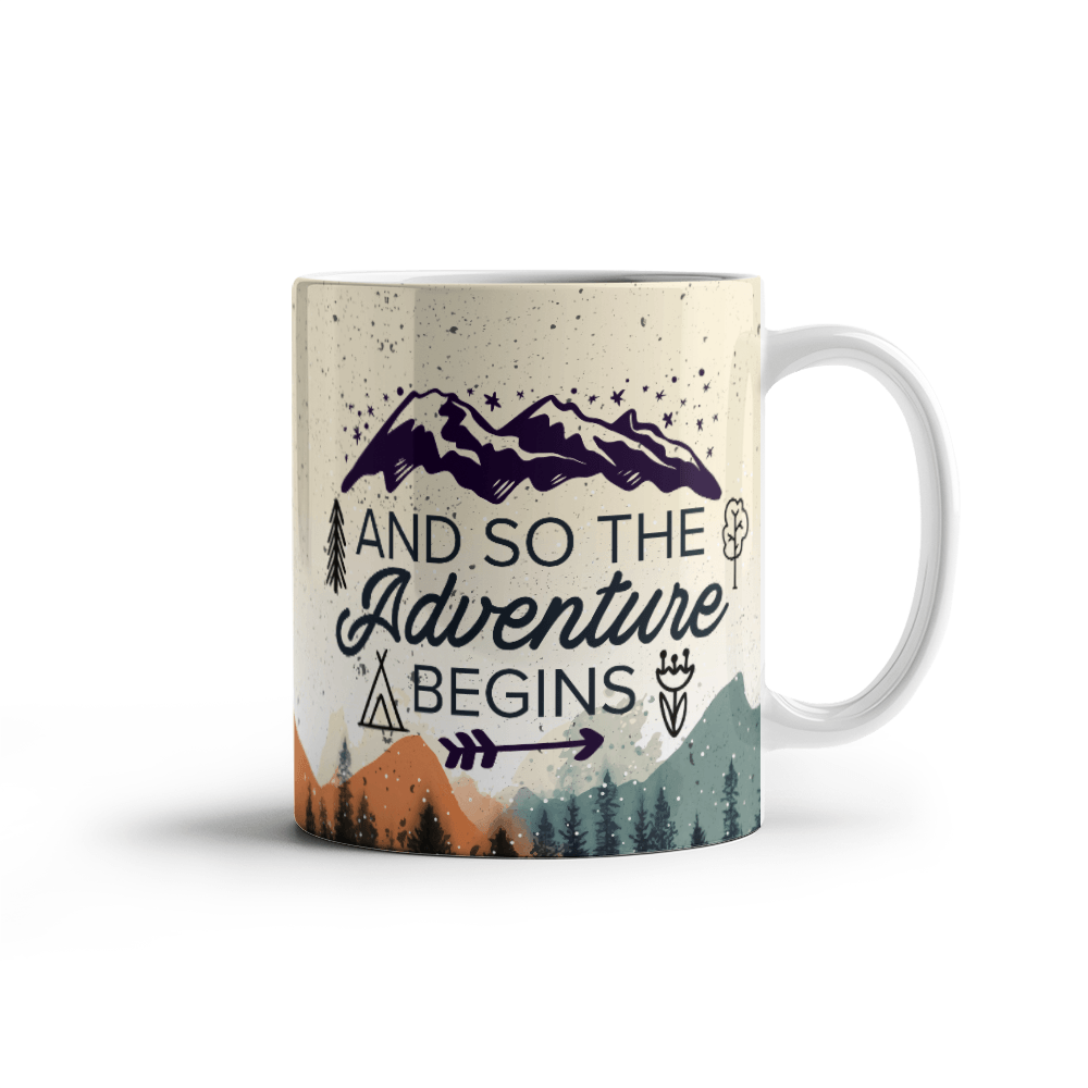 11 oz White Ceramic Mug And So the Adventure Begins