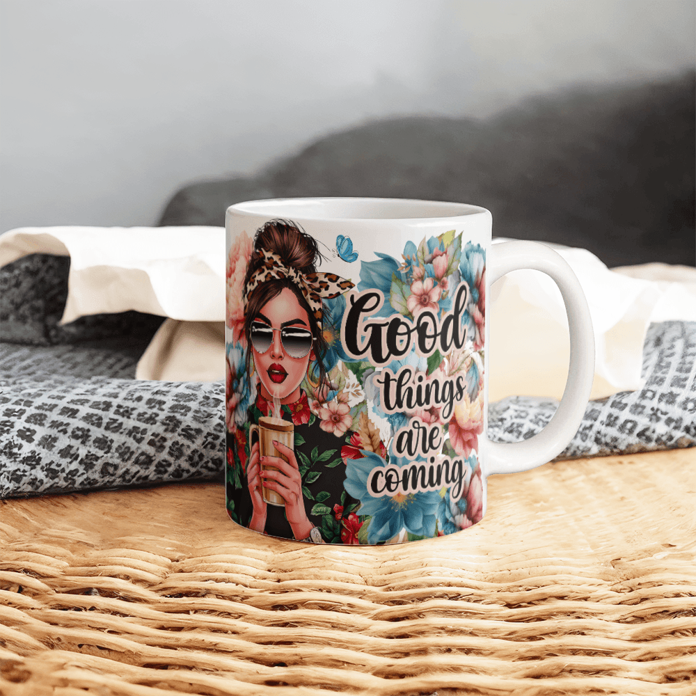 11 oz White Ceramic Mug Good Things Are Coming