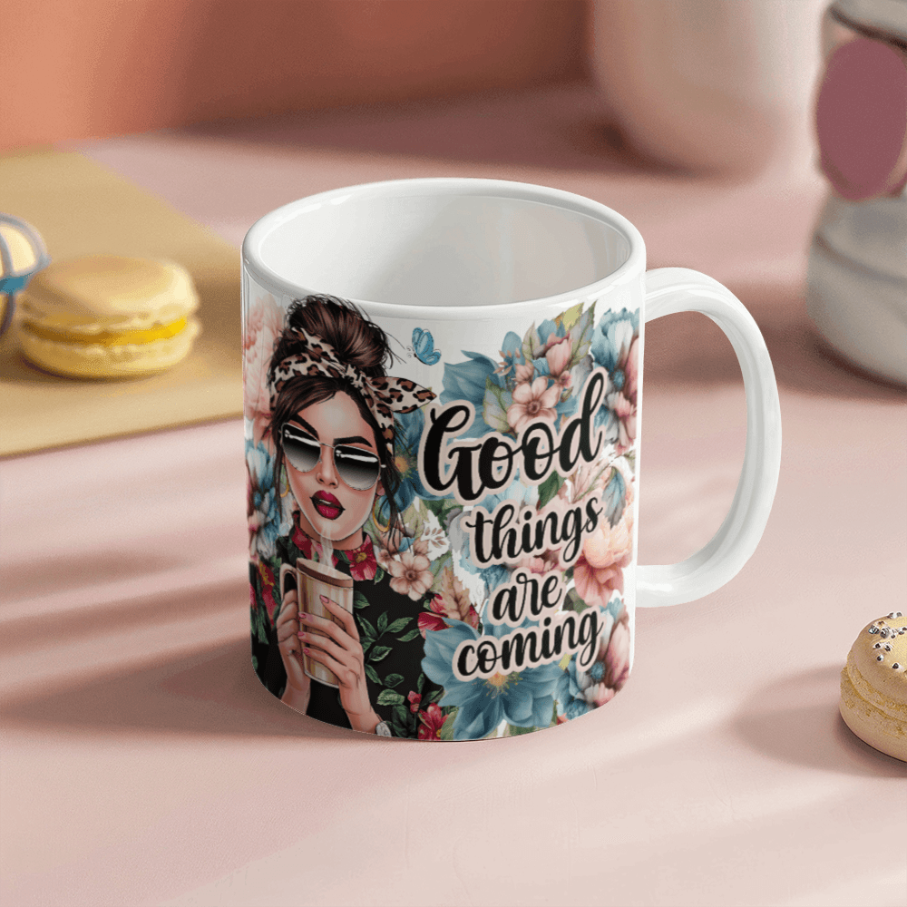 11 oz White Ceramic Mug Good Things Are Coming