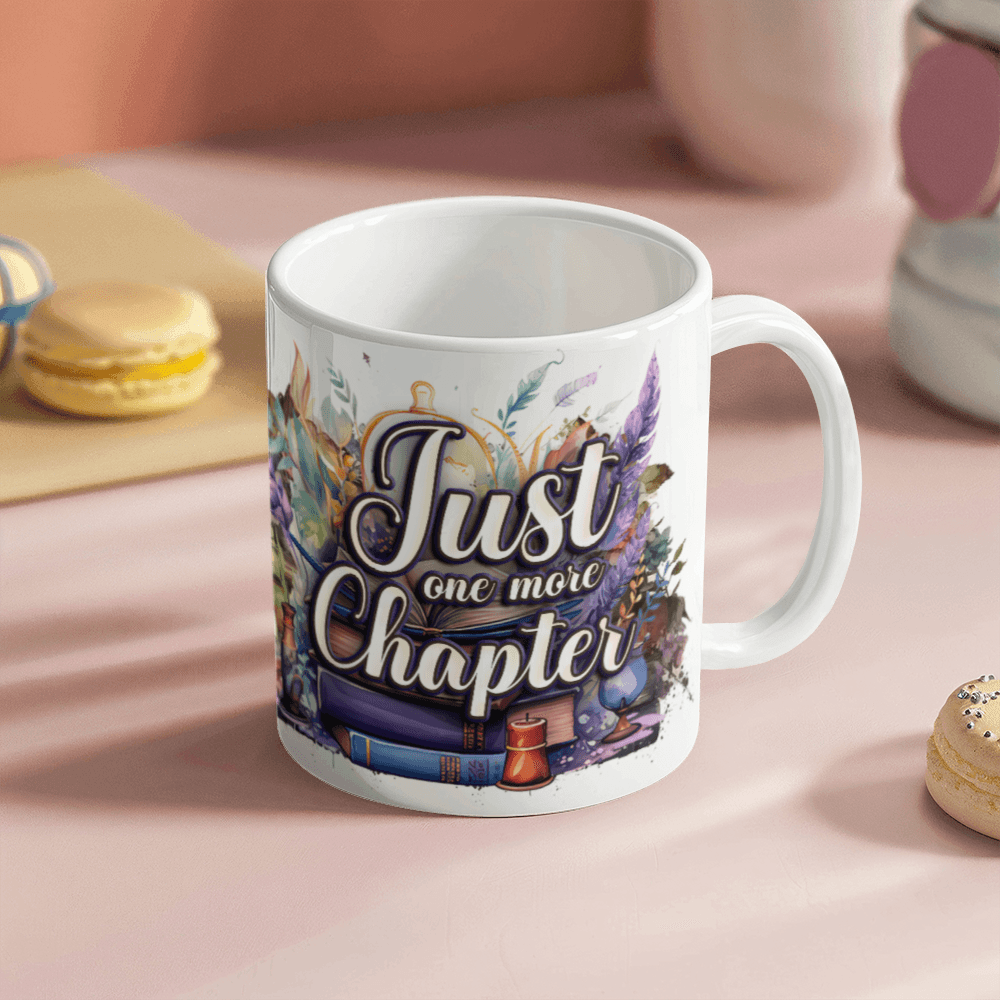 11 oz White Ceramic Mug Just One More Chapter