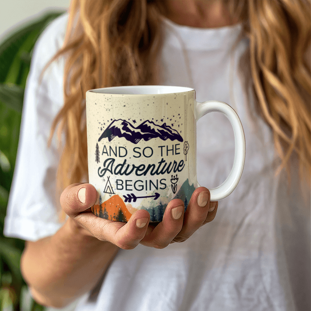 11 oz White Ceramic Mug And So the Adventure Begins