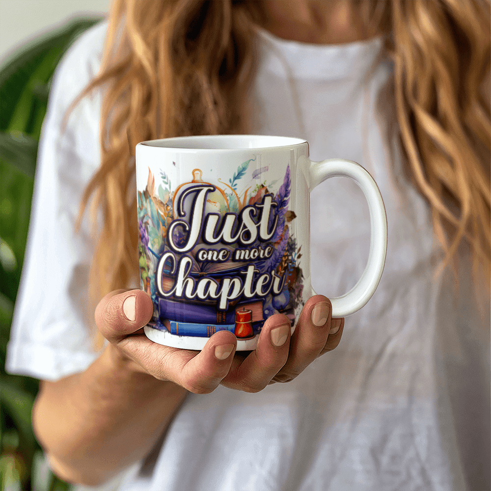 11 oz White Ceramic Mug Just One More Chapter