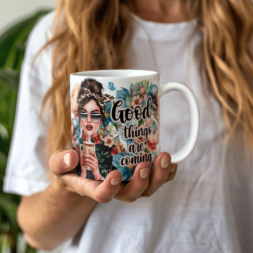 11 oz White Ceramic Mug Good Things Are Coming