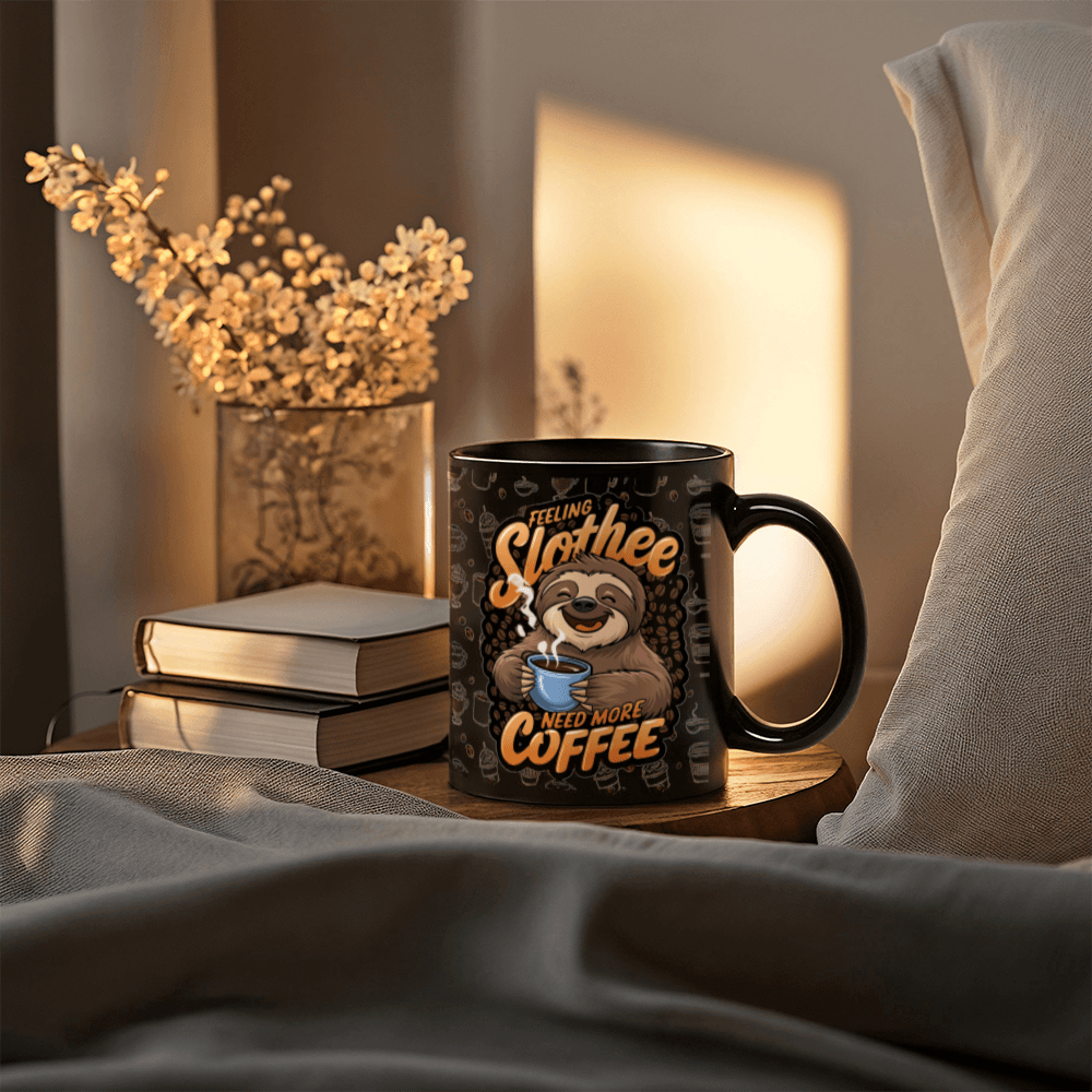 11 oz Black Ceramic Mug Coffee Slothee