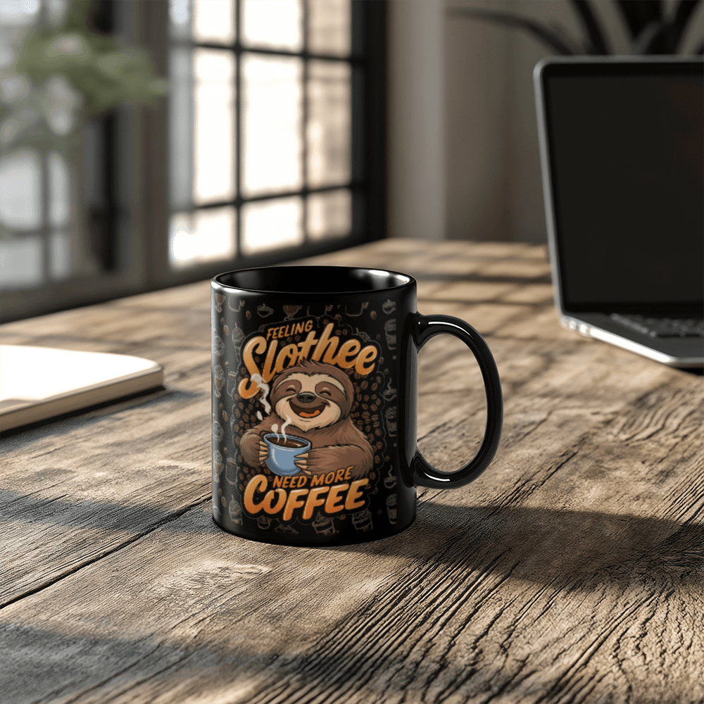 11 oz Black Ceramic Mug Coffee Slothee