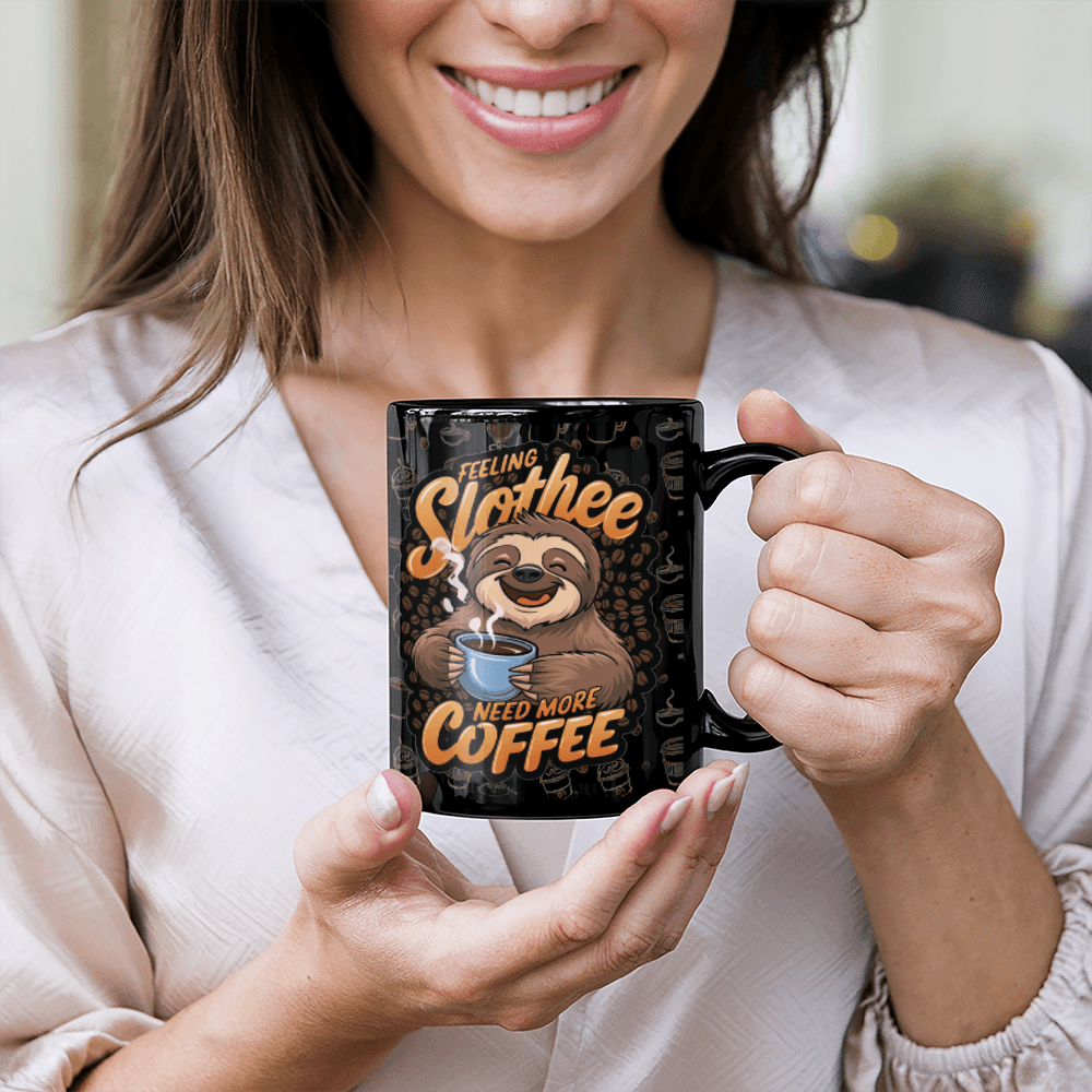11 oz Black Ceramic Mug Coffee Slothee
