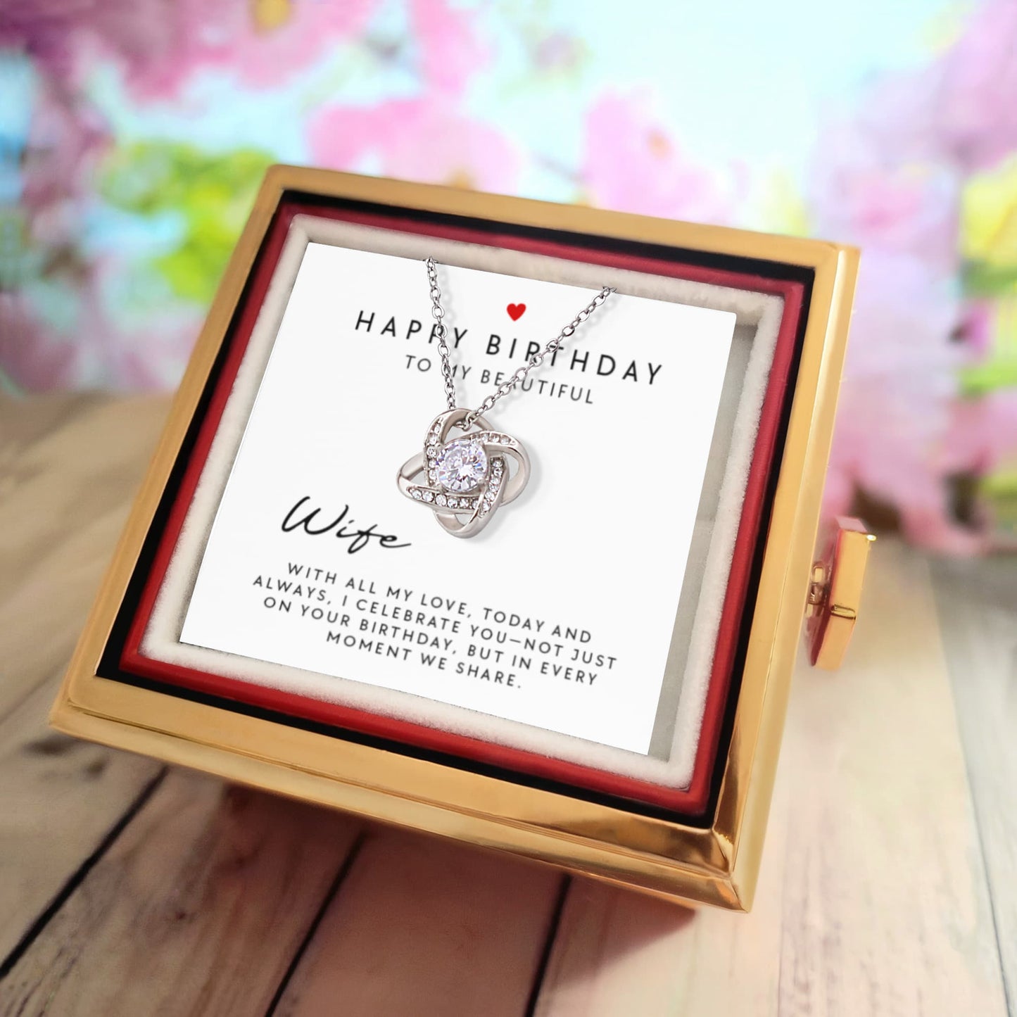 Rotating Box with Preserved Rose and Love Knot Necklace