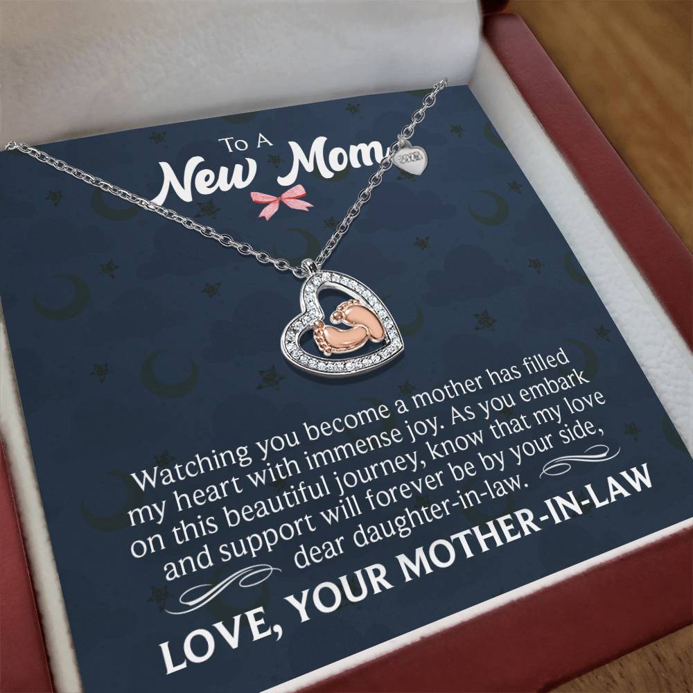 Baby Feet Heart Necklace for New Mom with Message Card from Mother-in-Law