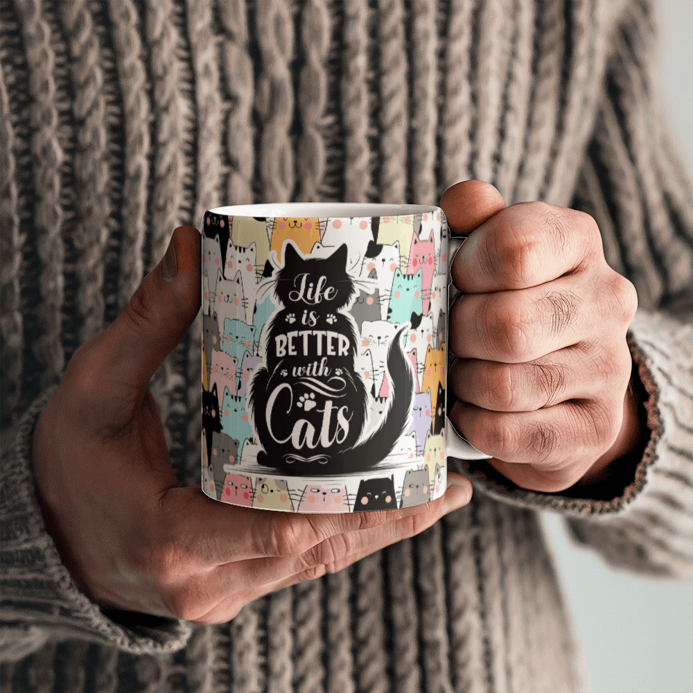 11 oz White Ceramic Mug Life is Better With Cats