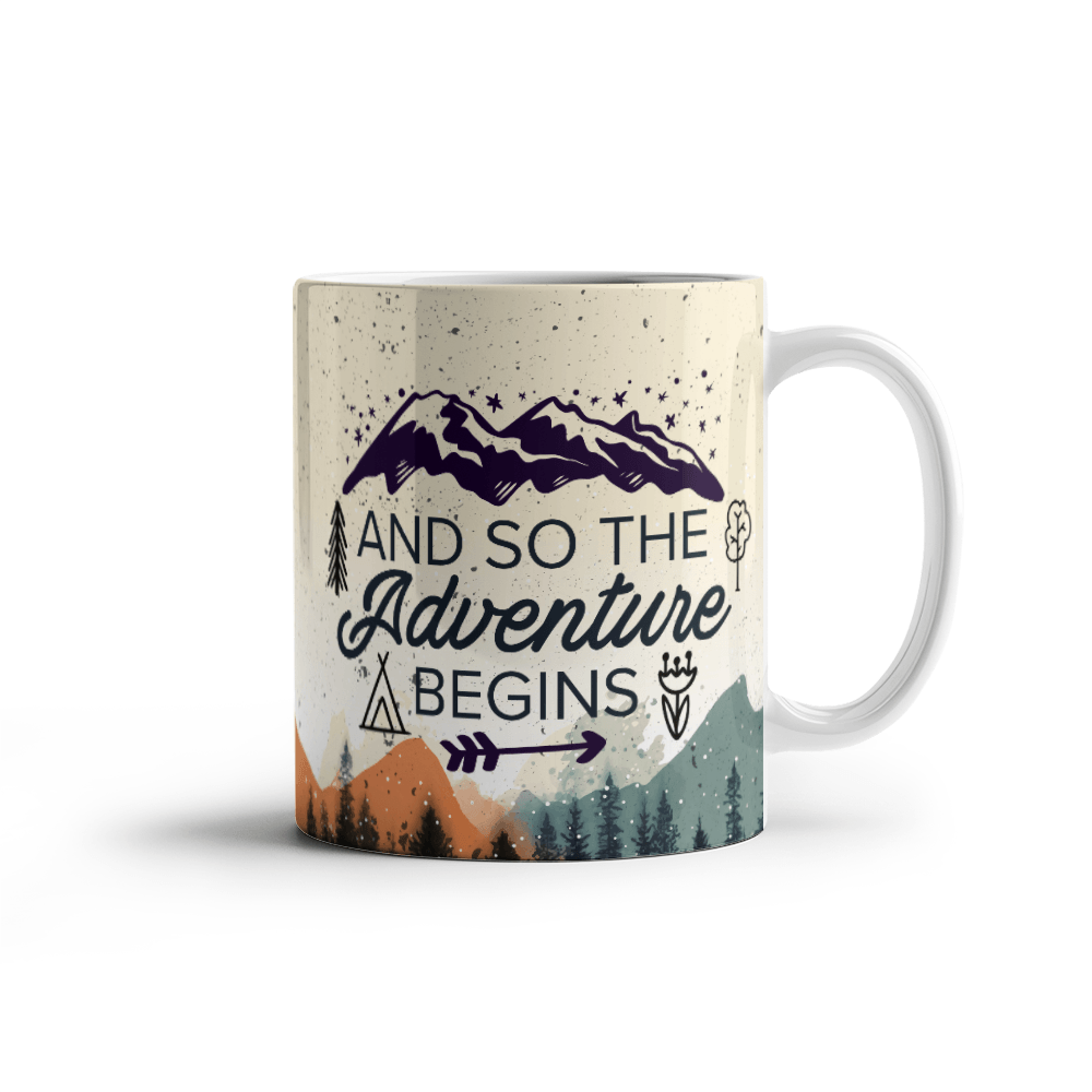 11 oz White  Ceramic Mug And So the Adventure Begins