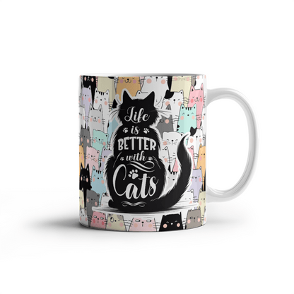 11 oz White Ceramic Mug Life is Better With Cats