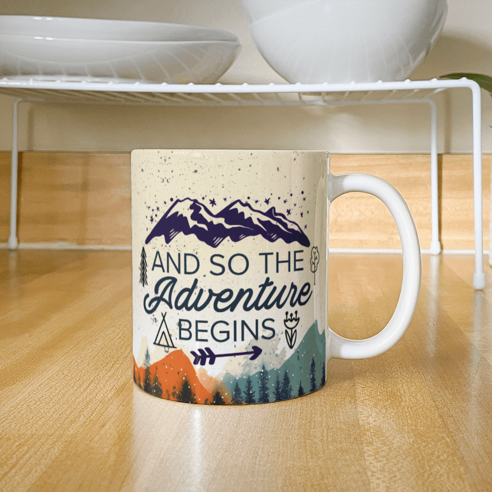 11 oz White  Ceramic Mug And So the Adventure Begins