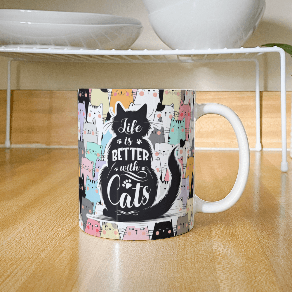 11 oz White Ceramic Mug Life is Better With Cats