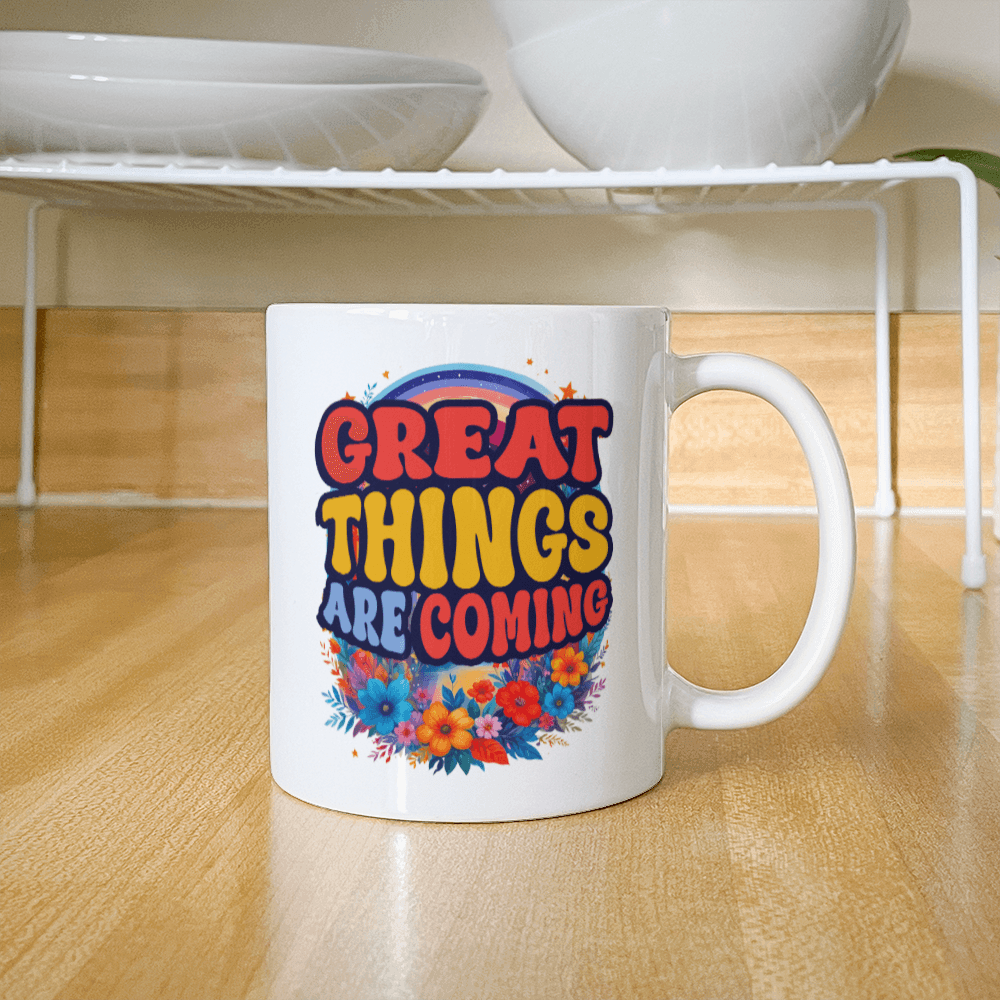 11 oz White  Ceramic Mug Great Things Are Coming