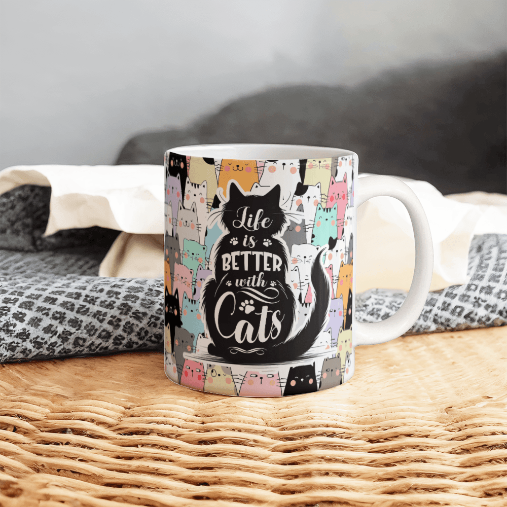 11 oz White Ceramic Mug Life is Better With Cats