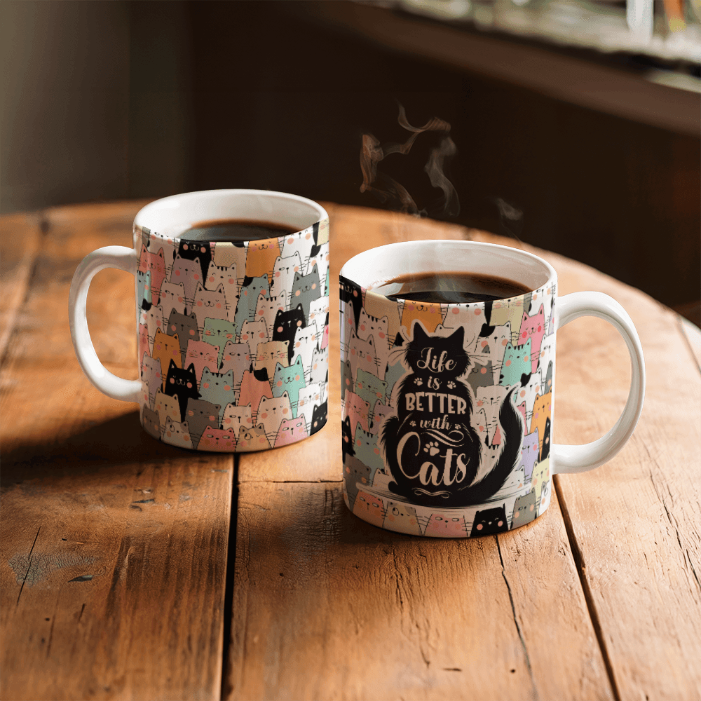 11 oz White Ceramic Mug Life is Better With Cats