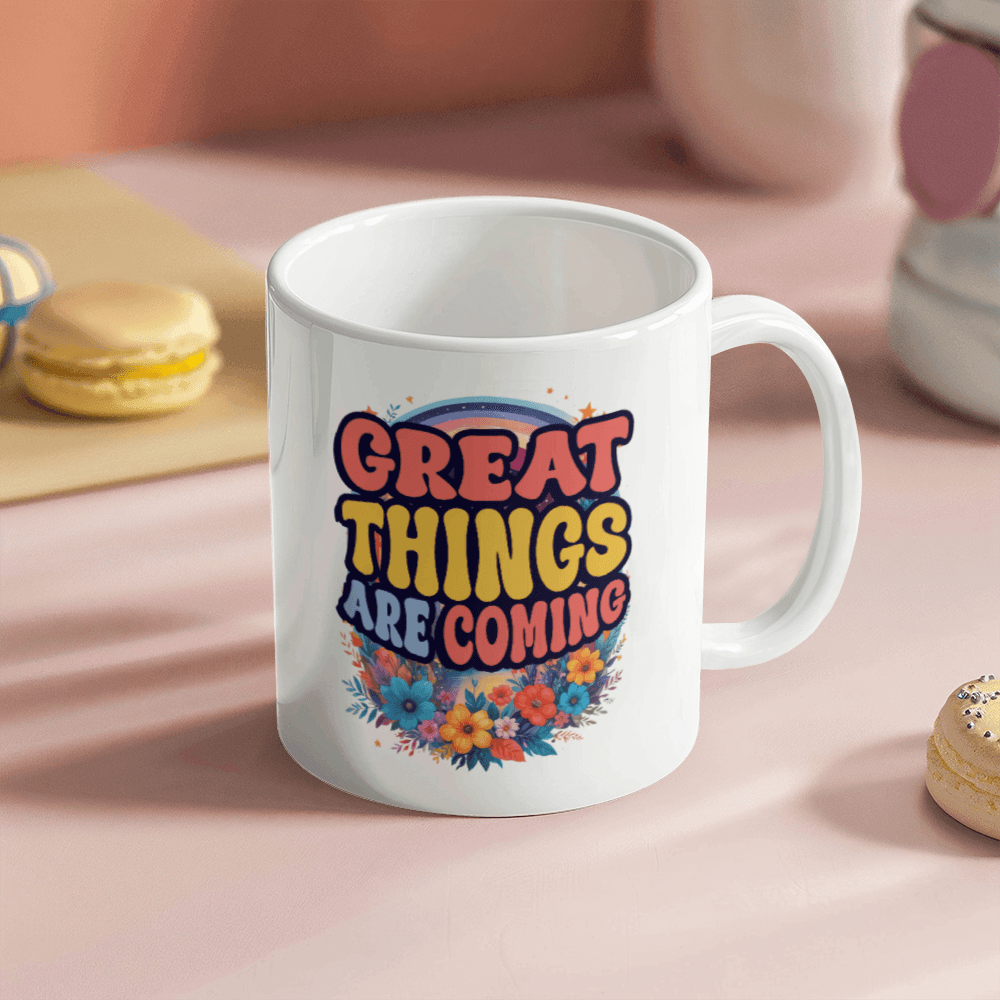 11 oz White  Ceramic Mug Great Things Are Coming