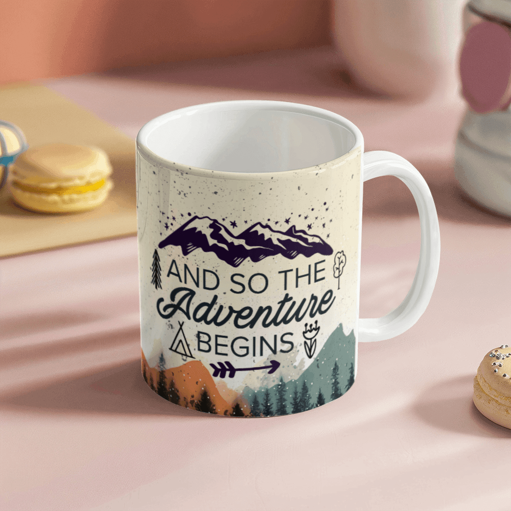 11 oz White  Ceramic Mug And So the Adventure Begins