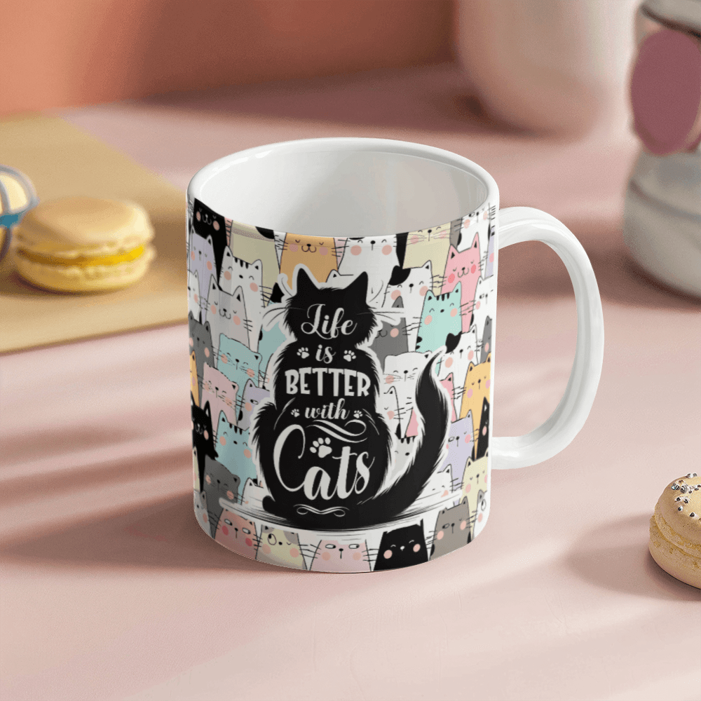 11 oz White Ceramic Mug Life is Better With Cats