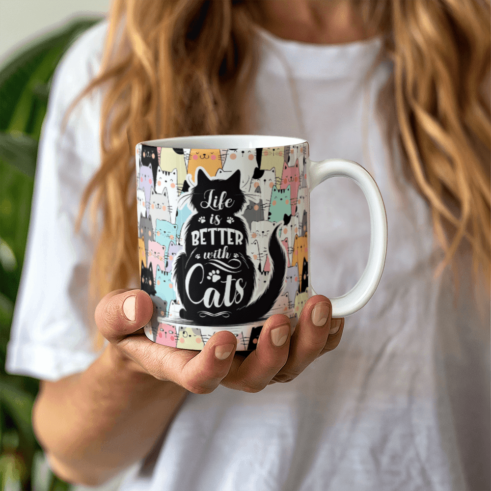 11 oz White Ceramic Mug Life is Better With Cats