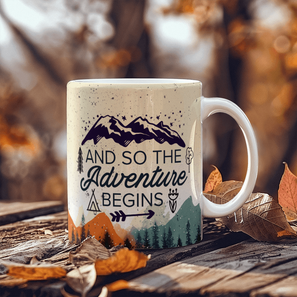 11 oz White  Ceramic Mug And So the Adventure Begins