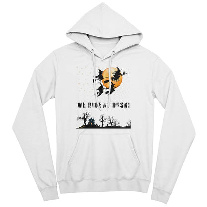 WE RIDE AT DUSK - WHITE HOODIE SWEATSHIRT WITH FLYING WITCH