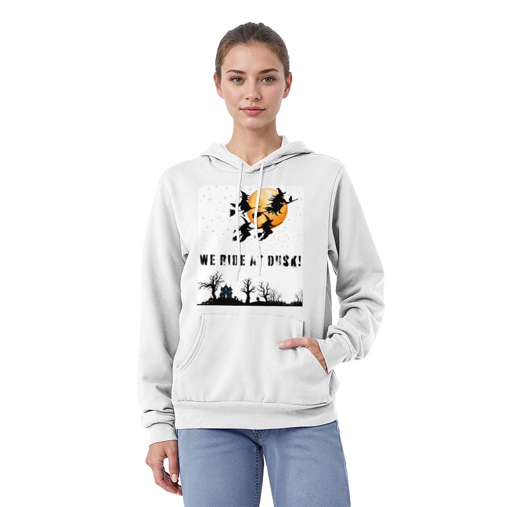 WE RIDE AT DUSK - WHITE HOODIE SWEATSHIRT WITH FLYING WITCH