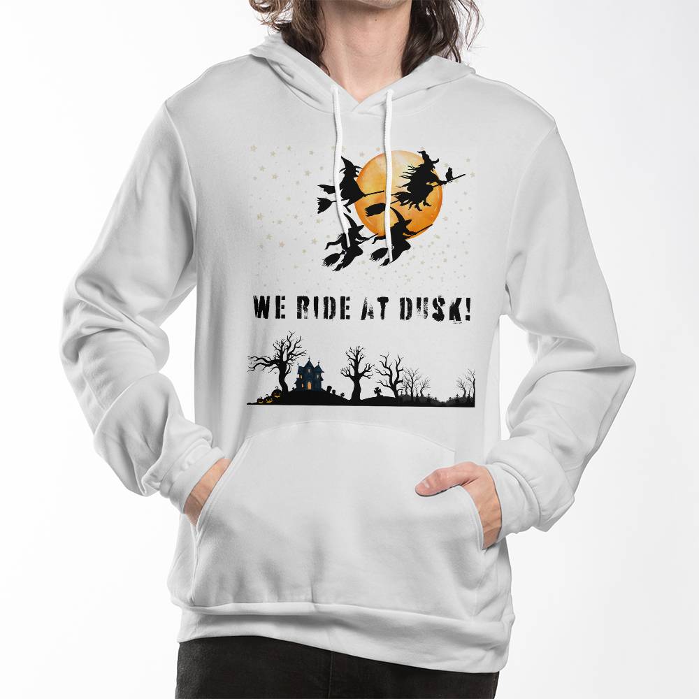 WE RIDE AT DUSK - WHITE HOODIE SWEATSHIRT WITH FLYING WITCH