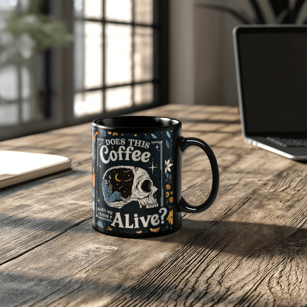 11 oz Black  Ceramic Mug Does This Coffee Make Me Look Alive