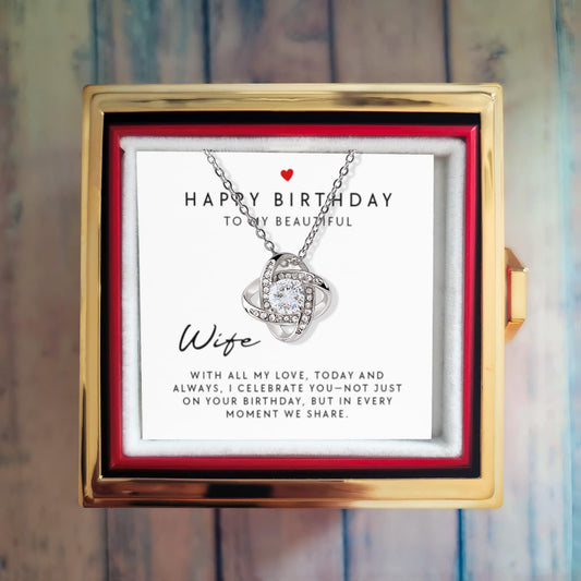 Rotating Box with Preserved Rose and Love Knot Necklace